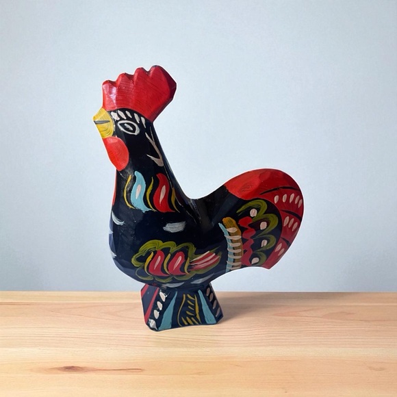 Vintage Swedish Dala Rooster Hand Carved Authentic Nils Olsson 6" Black Folk Art - Picture 1 of 7